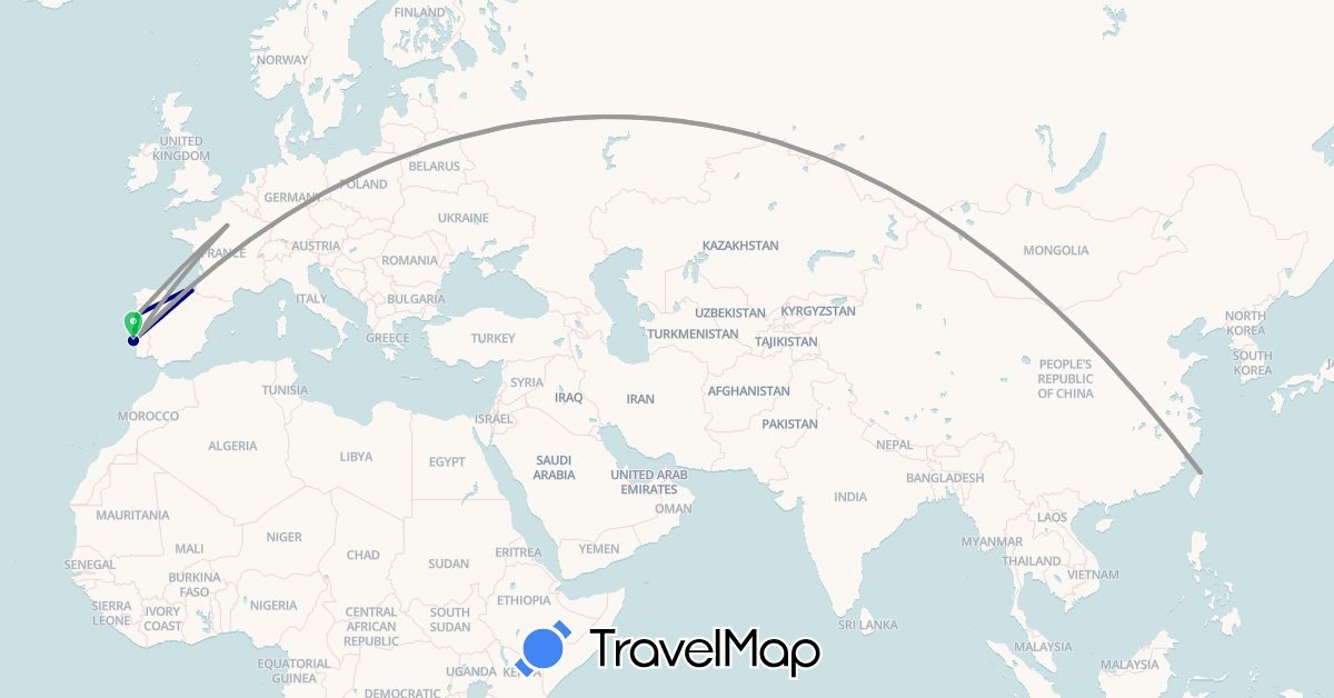 TravelMap itinerary: driving, bus, plane in Spain, France, Portugal, Taiwan (Asia, Europe)